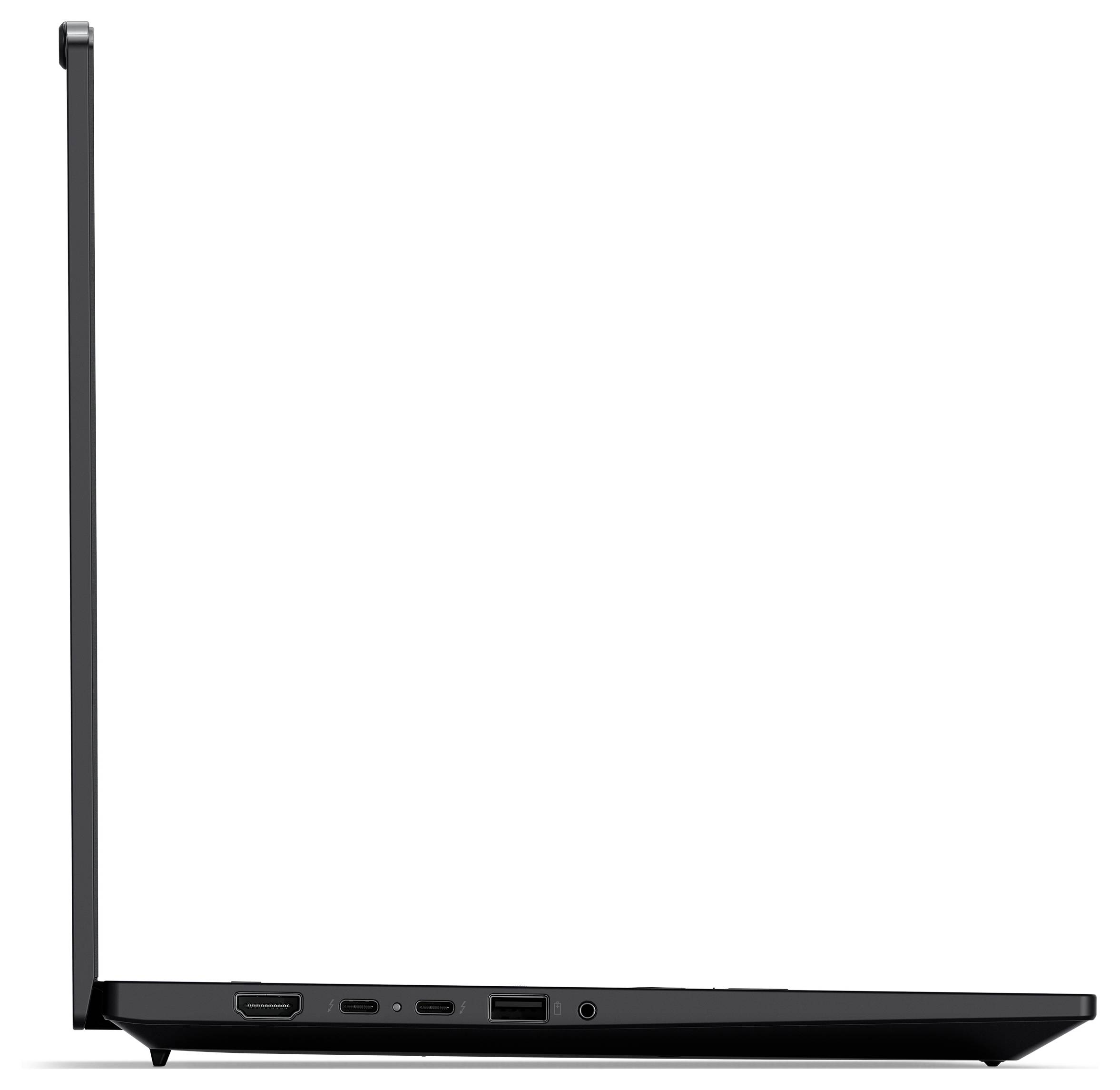 Seitenansicht eines offenen, ultradünnen Laptops, die sein schlankes Profil und sichtbare Anschlüsse einschließlich USB und HDMI an der Seite hervorhebt.