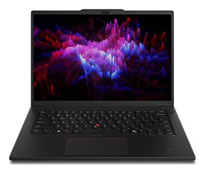 Ein schwarzer Laptop zeigt ein lebendiges, buntes abstraktes Bild auf dem Bildschirm.
