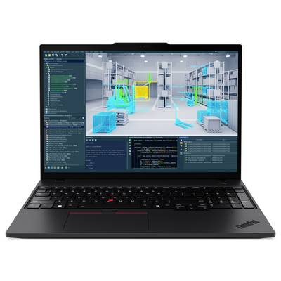 Ein Laptop zeigt eine Simulation eines Lagers mit blau und gelb hervorgehobenen Gabelstaplern und Regalen an, wobei Code auf dem Bildschirm angezeigt wird.