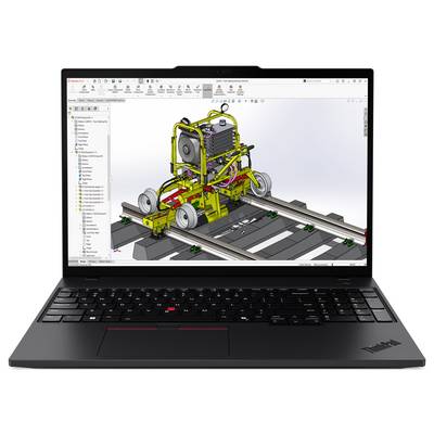 Ein Laptop, auf dem ein 3D-CAD-Modell einer schienengebundenen Maschine mit Rädern und einem Motor angezeigt wird, das in einer Ingenieursoftware-Oberfläche integriert ist.