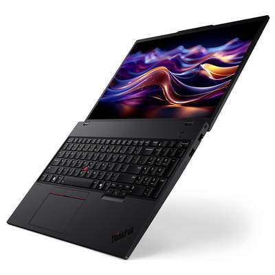 Ein eleganter schwarzer Laptop mit einem lebendigen, farbenfrohen Wellenmuster auf dem Bildschirm, zeigt eine offene Tastatur und einen Schatten darunter.