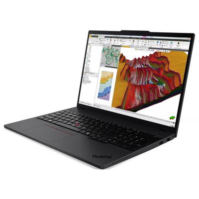 Laptop, das Geoinformationssoftware anzeigt, mit bunten topografischen Daten, einschließlich Karten und eines 3D-Geländemodells auf dem Bildschirm.
