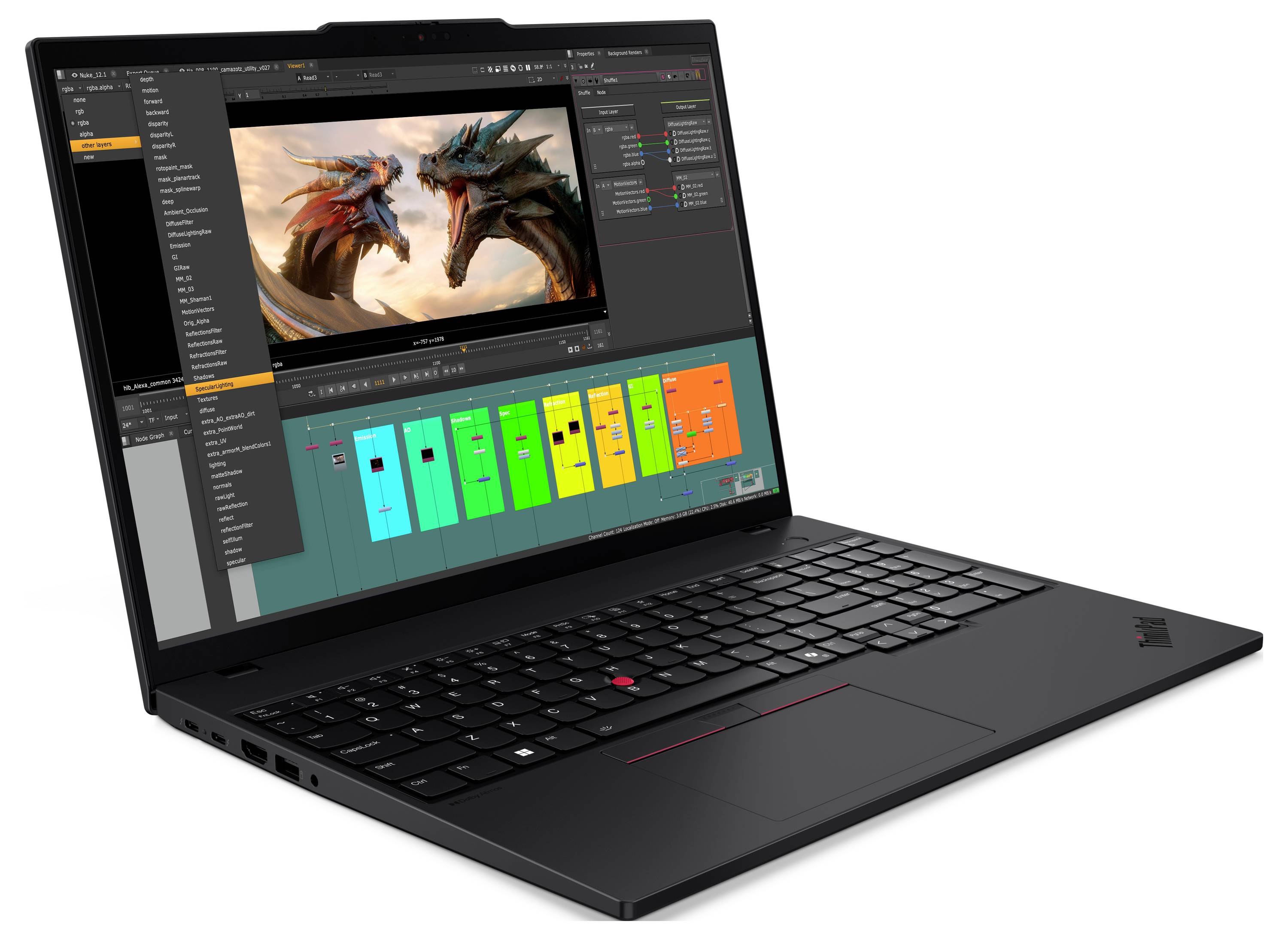 Ein schwarzer Laptop zeigt eine Designsoftware-Oberfläche mit einer Drachenillustration neben einer Zeitleiste mit farbigen Spuren.