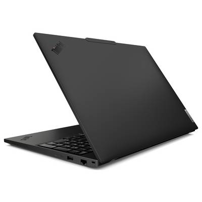 Ein schwarzer Laptop, der teilweise geöffnet ist und einen Teil der Tastatur sowie die Anschlüsse auf der Seite zeigt. Der Laptop hat ein elegantes Design mit einem Logo in der oberen Ecke.