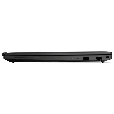 Seitenansicht eines geschlossenen schwarzen Laptops, die einen USB-Anschluss, einen Ethernet-Anschluss und andere Konnektivitätsfunktionen auf der rechten Seite zeigt.