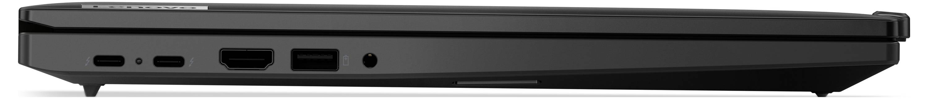 Seitenansicht eines geschlossenen Laptops mit mehreren Anschlüssen, darunter USB und HDMI, die sein schlankes und elegantes Design zeigen.