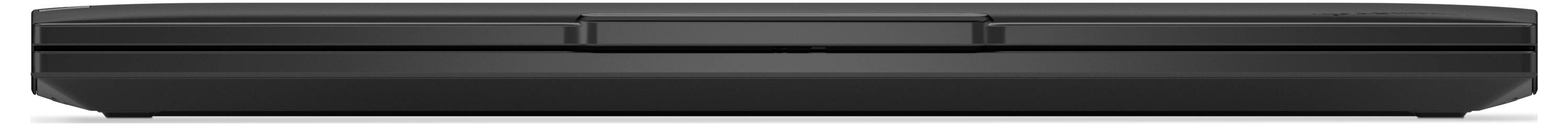 Ein geschlossenes schwarzes Klavier mit einem schlanken, modernen Design, von vorne betrachtet.