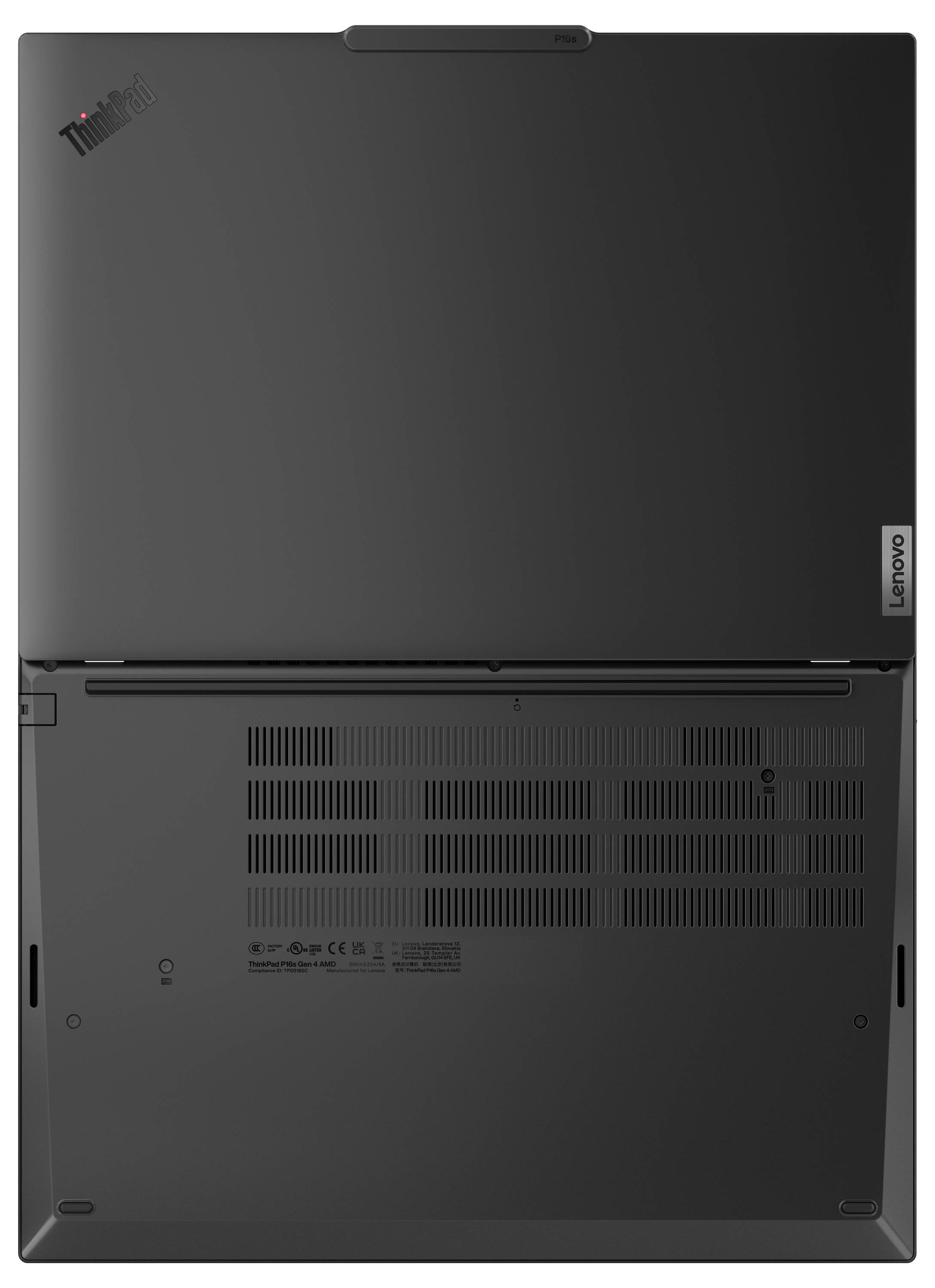 Rückansicht eines geschlossenen schwarzen Laptops mit Belüftungsgittern und Lenovo-Branding.