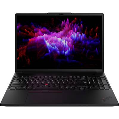 Ein schwarzer Laptop zeigt ein lebendiges abstraktes Muster aus roten, rosa, violetten und blauen Formen auf seinem Bildschirm. Der Laptop ist vollständig geöffnet und eingeschaltet.