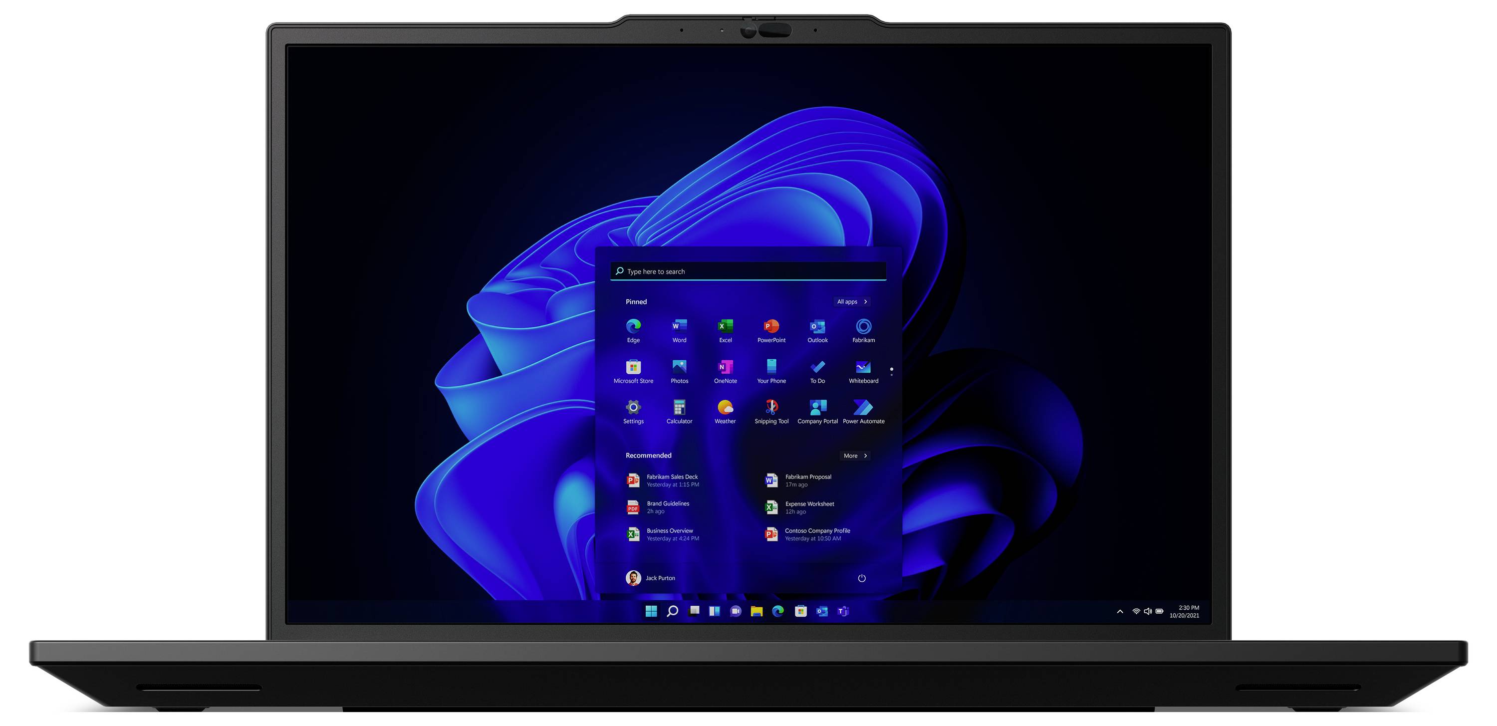 Ein eleganter schwarzer Laptop zeigt einen Desktopbildschirm mit dem Windows 11-Betriebssystem, mit Startmenü und blauem abstraktem Hintergrund.