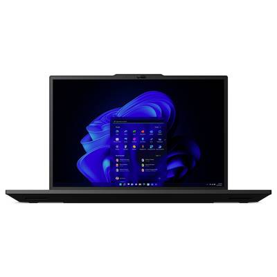 Ein eleganter schwarzer Laptop zeigt einen Desktopbildschirm mit dem Windows 11-Betriebssystem, mit Startmenü und blauem abstraktem Hintergrund.