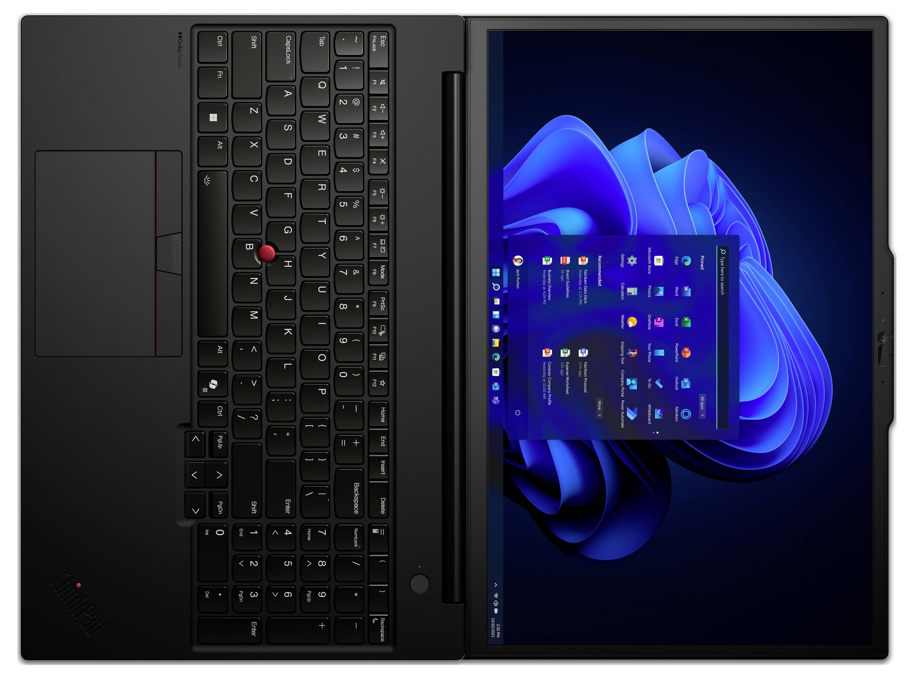 Ein Laptop wird mit einem vollständig gedrehten Bildschirm angezeigt, auf dem ein Windows-Desktop zu sehen ist. Die Tastatur hat einen roten Trackpoint.