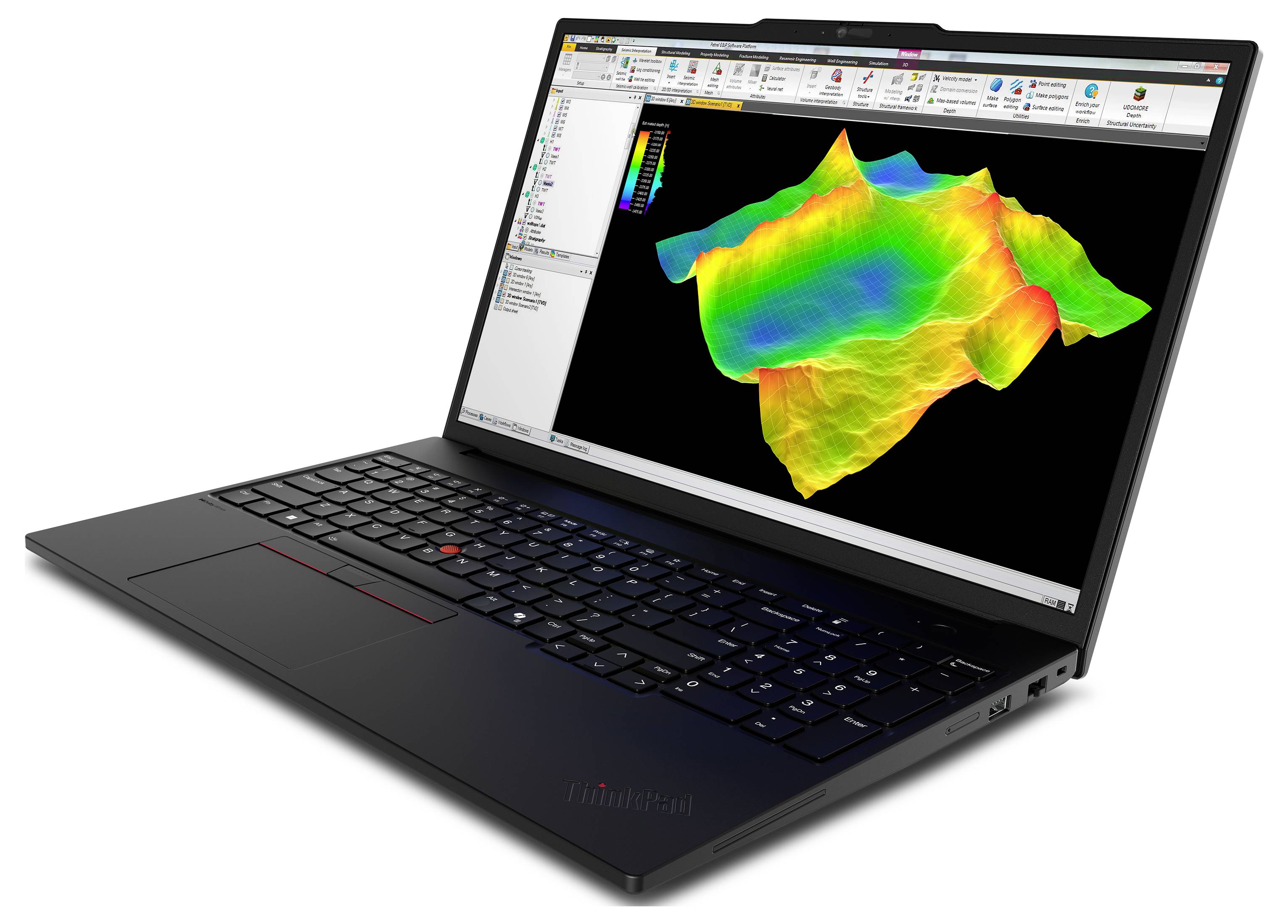 Ein schwarzer Laptop, auf dessen Bildschirm eine bunte 3D-Datenvisualisierung angezeigt wird, die digitale Datenanalyse oder Designarbeit darstellt.