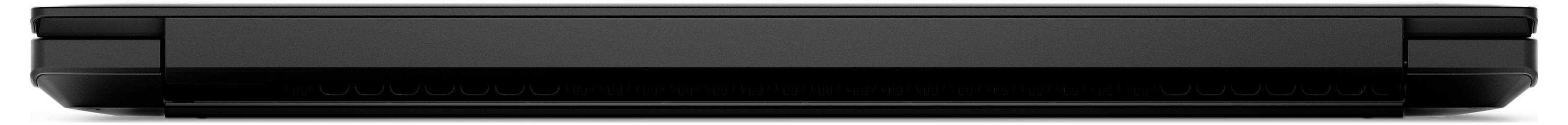 Ein geschlossener schwarzer Laptop, von der Seite betrachtet, zeigt sein schlankes Profil.