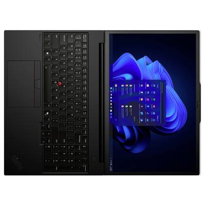 Ein Laptop mit flach eingeklapptem Bildschirm, der die Windows-Desktopoberfläche zeigt. Die Tastatur ist neben dem Bildschirm sichtbar.