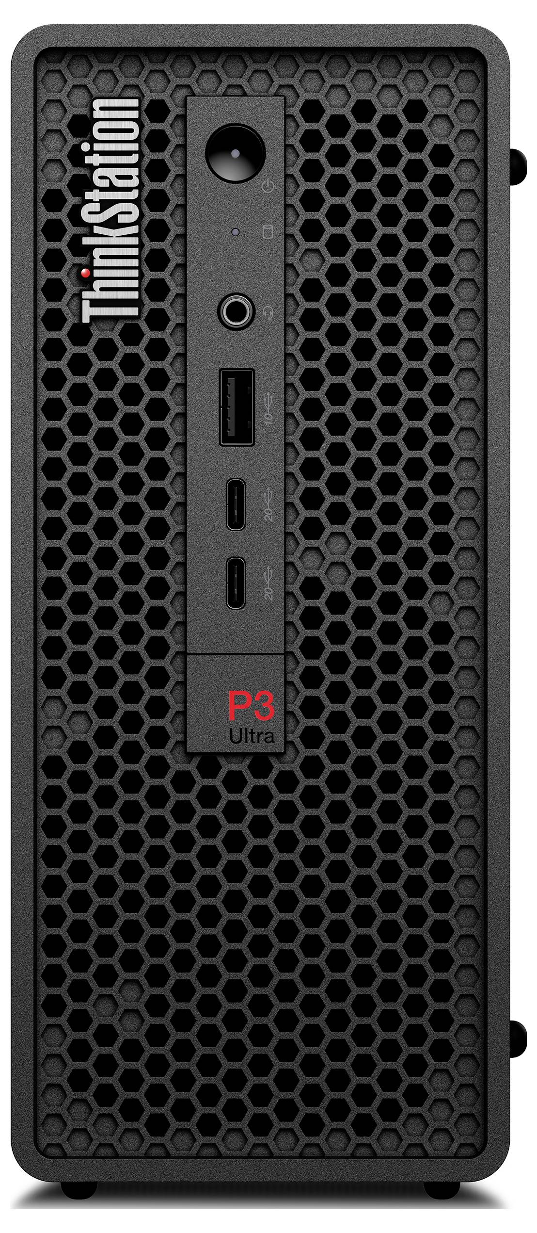 Ein kleiner, schwarzer ThinkStation P3 Ultra Computer-Tower mit sechseckigem Gitter, mehreren Anschlüssen und einer Stromtaste auf der Frontblende.
