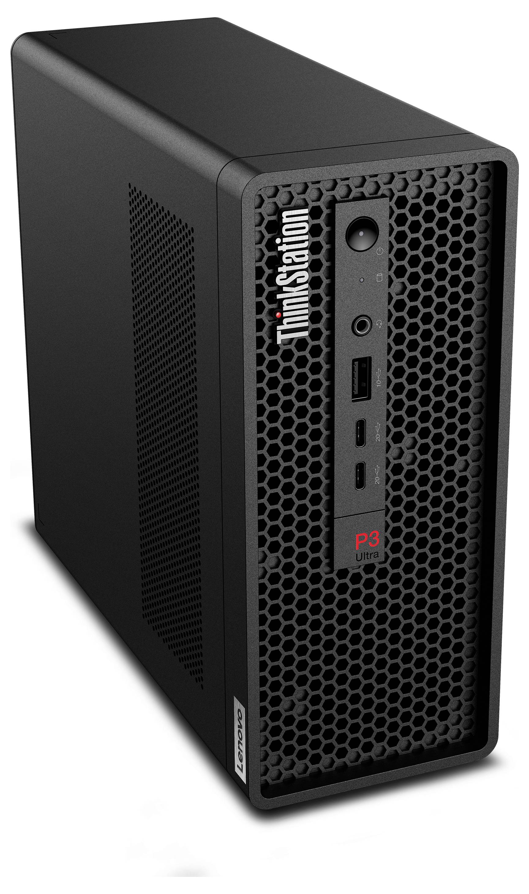 Ein schwarzer Lenovo ThinkStation Computer-Tower mit einer Frontblende mit Anschlüssen und dem ThinkStation-Logo.