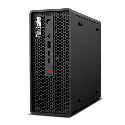 Ein schwarzer Mini-Desktop-Computer mit dem Markennamen „ThinkStation" auf der Frontblende und drei USB-Anschlüssen unterhalb eines einzelnen Netzschalters.