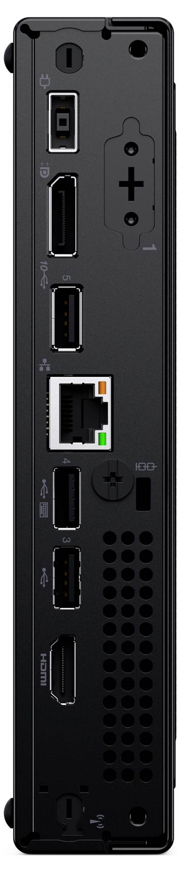 Das Bild zeigt die Rückseite eines schwarzen elektronischen Geräts mit verschiedenen Anschlüssen, darunter HDMI, USB, Ethernet und einen Stromstecker.