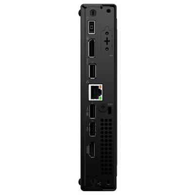 Das Bild zeigt die Rückseite eines schwarzen elektronischen Geräts mit verschiedenen Anschlüssen, darunter HDMI, USB, Ethernet und einen Stromstecker.
