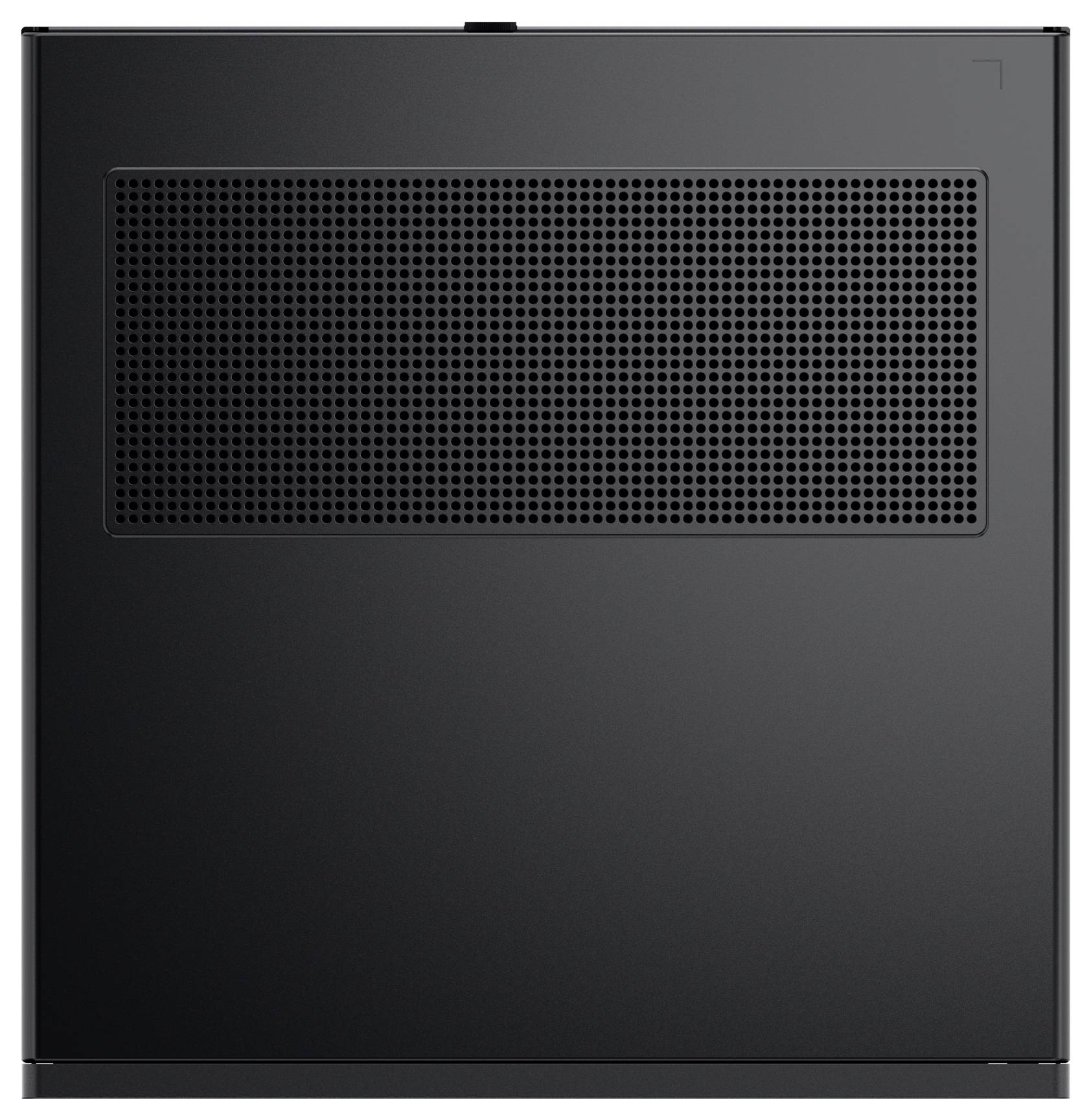 Ein elegantes, schwarzes Seitenpaneel eines Computer-Towers mit einem Mesh-Lüftungsgitter für Luftzirkulation, das auf die Kühlungsfunktionalität für die PC-Komponenten im Inneren hindeutet.