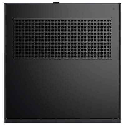 Ein elegantes, schwarzes Seitenpaneel eines Computer-Towers mit einem Mesh-Lüftungsgitter für Luftzirkulation, das auf die Kühlungsfunktionalität für die PC-Komponenten im Inneren hindeutet.