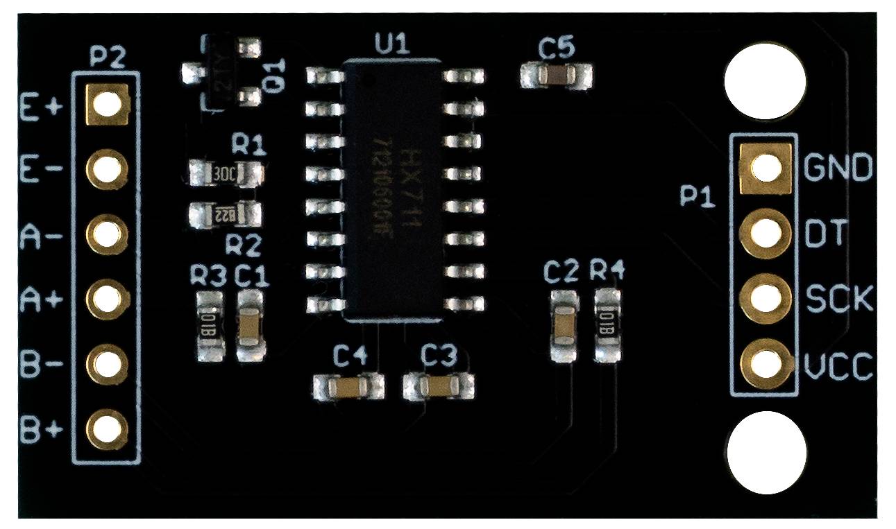 Leiterplattenmodul mit HX711-Chip, linke Anschlüsse mit E+, E-, A-, A+, B-, B+ beschriftet und rechte Anschlüsse mit GND, DT, SCK, VCC beschriftet.