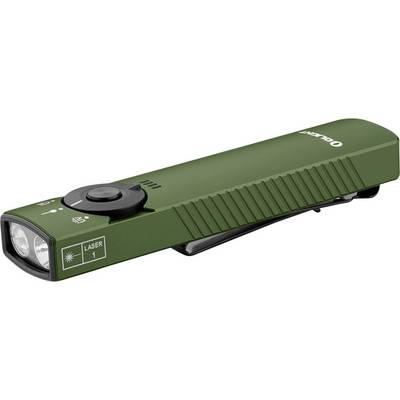 Eine grüne, rechteckige Taschenlampe mit Laserpointer-Funktion, strukturiertem Griff und Clip an der Seite.