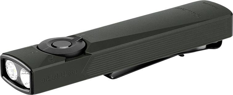 Eine schlanke, rechteckige schwarze Taschenlampe mit einem LED-Licht an einem Ende und einer Gürtelklammer an der Seite.