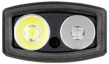 Eine duale Linsen-Taschenlampe mit einem gelben und einem silbernen Reflektor, untergebracht in einem schwarzen, rechteckigen Gehäuse, das für eine starke Ausleuchtung konzipiert ist.