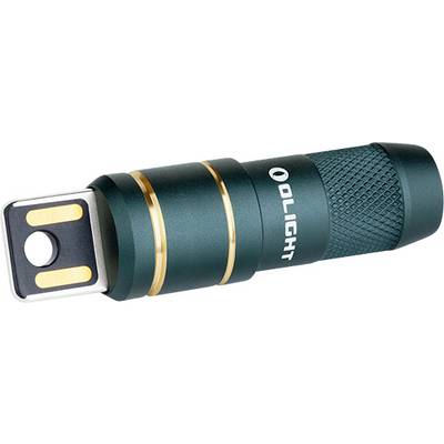 Eine grüne und schwarze metallische USB-Taschenlampe mit goldenen Akzenten und dem Markennamen 'OLIGHT', der auf der Seite aufgedruckt ist.