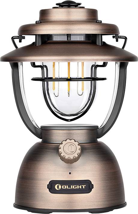 Eine Vintage-Laterne aus Bronze mit Glasgehäuse, das freiliegende LED-Glühfäden-Leuchtmittel zeigt, und ein Drehregler an der Basis zur Helligkeitsanpassung.