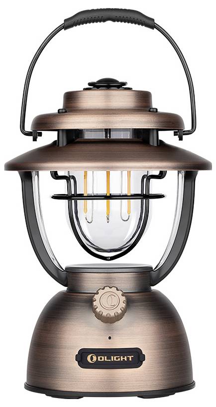 Eine Vintage-Laterne aus Kupfer mit klarem Glas, schwarzem Griff und Sockel, mit der Marke „Olight", in der drei sichtbare LED-Glühfäden im Inneren zu sehen sind.