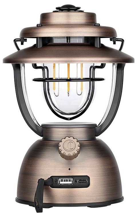 Eine Laterne im Vintage-Stil aus Bronze mit LED-Filamenten, mit einem zentralen Bedienknopf und USB-Ladeanschluss an der Basis.
