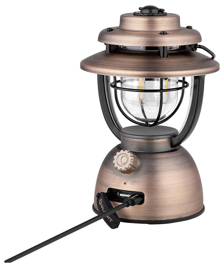 Eine elektrische Laterne im Vintage-Stil mit Bronzefinish, ausgestattet mit einer klaren Glühbirne, einem Griff oben und einem Stromkabel, das in seine Basis eingesteckt ist.