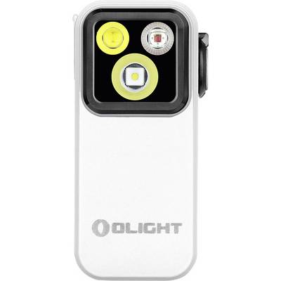 Eine kleine, rechteckige Taschenlampe mit drei LED-Leuchten auf ihrer oberen Sektion und dem Markennamen „Olight" auf dem Gehäuse darunter gedruckt.