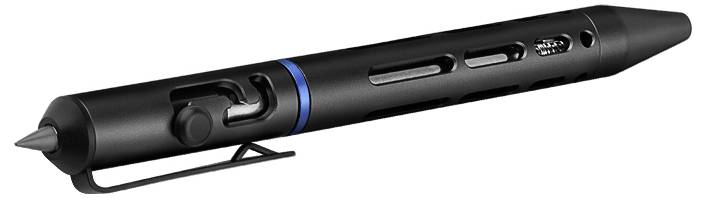 Ein schwarzer Stift mit blauem Ring und Clip, mit spitzer Spitze und Seitentastenbedienung.