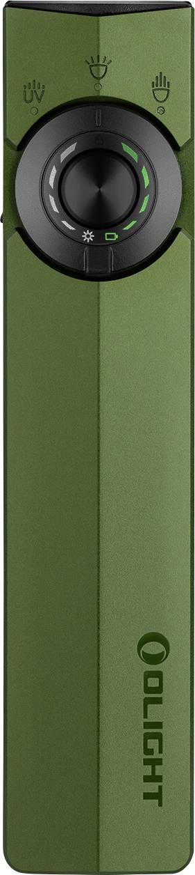 Eine mattgrüne Taschenlampe mit einem schwarzen Kontrollregler, mit Symbolen für verschiedene Strahlmodi. Der Markenname „OLIGHT" ist auf der Seite aufgedruckt.