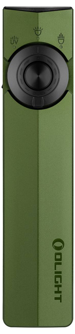 Eine grüne tragbare Taschenlampe mit einem zentralen schwarzen Knopf und drei Symbolen darüber, auf der Vorderseite mit der Marke „OLIGHT" gekennzeichnet.