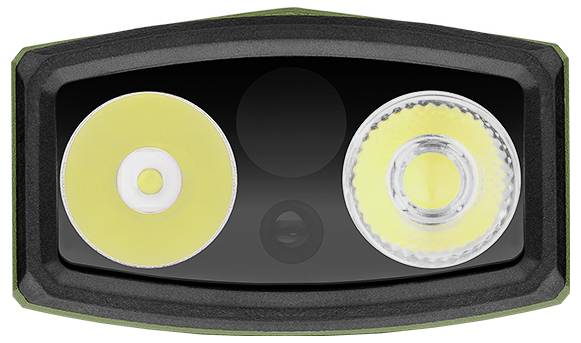 'Nahaufnahme eines Zwei-LED-Taschenlampen-Kopfes, der einen glatten Reflektor auf der linken Seite und einen strukturierten Reflektor auf der rechten Seite zeigt.'