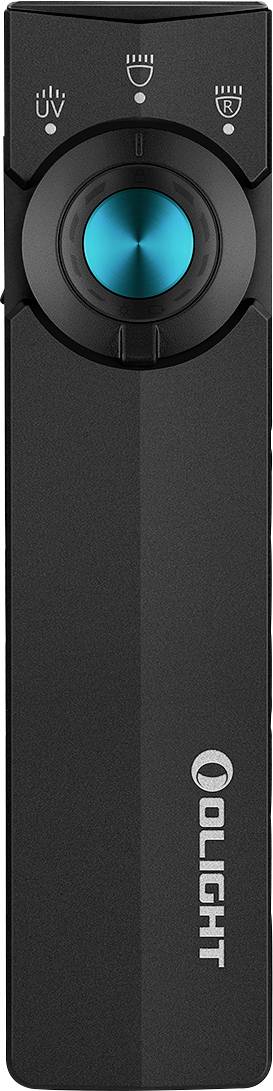 Eine schwarze, rechteckige Taschenlampe mit einem türkisfarbenen Knopf in der Mitte und drei Symbolen oben für verschiedene Lichtstufen.