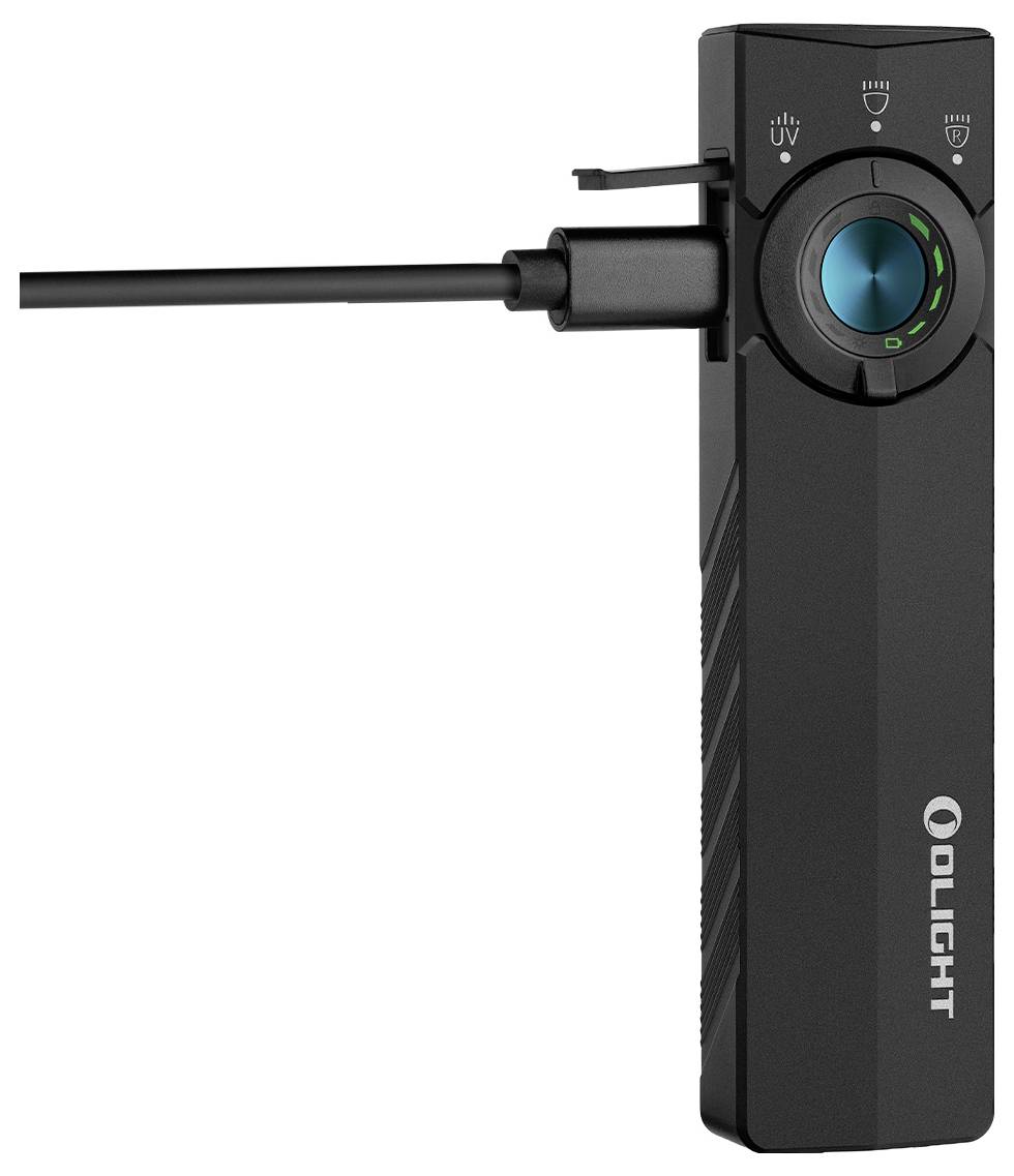 Ein schwarzes Olight-Gerät mit einer leuchtenden blauen Schaltfläche in Kreisform auf der Seite und einem angebrachten Kabel.