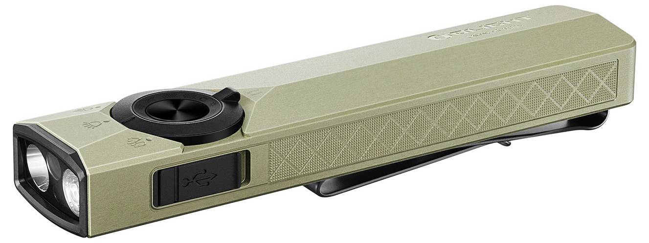 Eine schlanke, rechteckige Taschenlampe in hellem Olivgrün mit einem drehbaren Regler und USB-Anschluss an der Seite, entwickelt für bequeme, tragbare Verwendung.