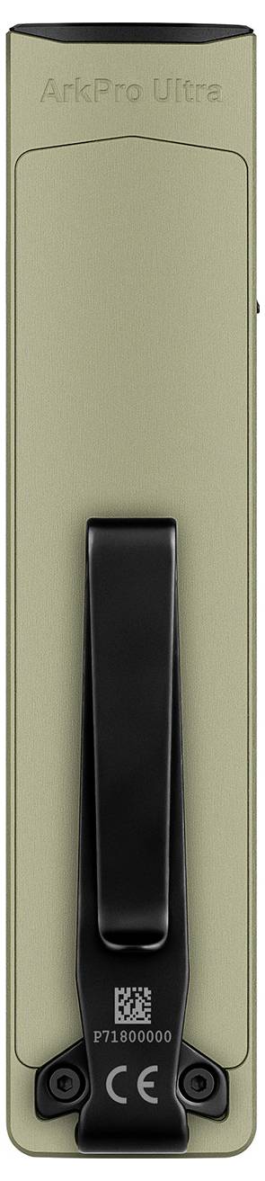 Ein grünes stiftähnliches Gerät mit der Bezeichnung „ArkPro Ultra", schwarzem Clip und einem QR-Code auf der Rückseite.