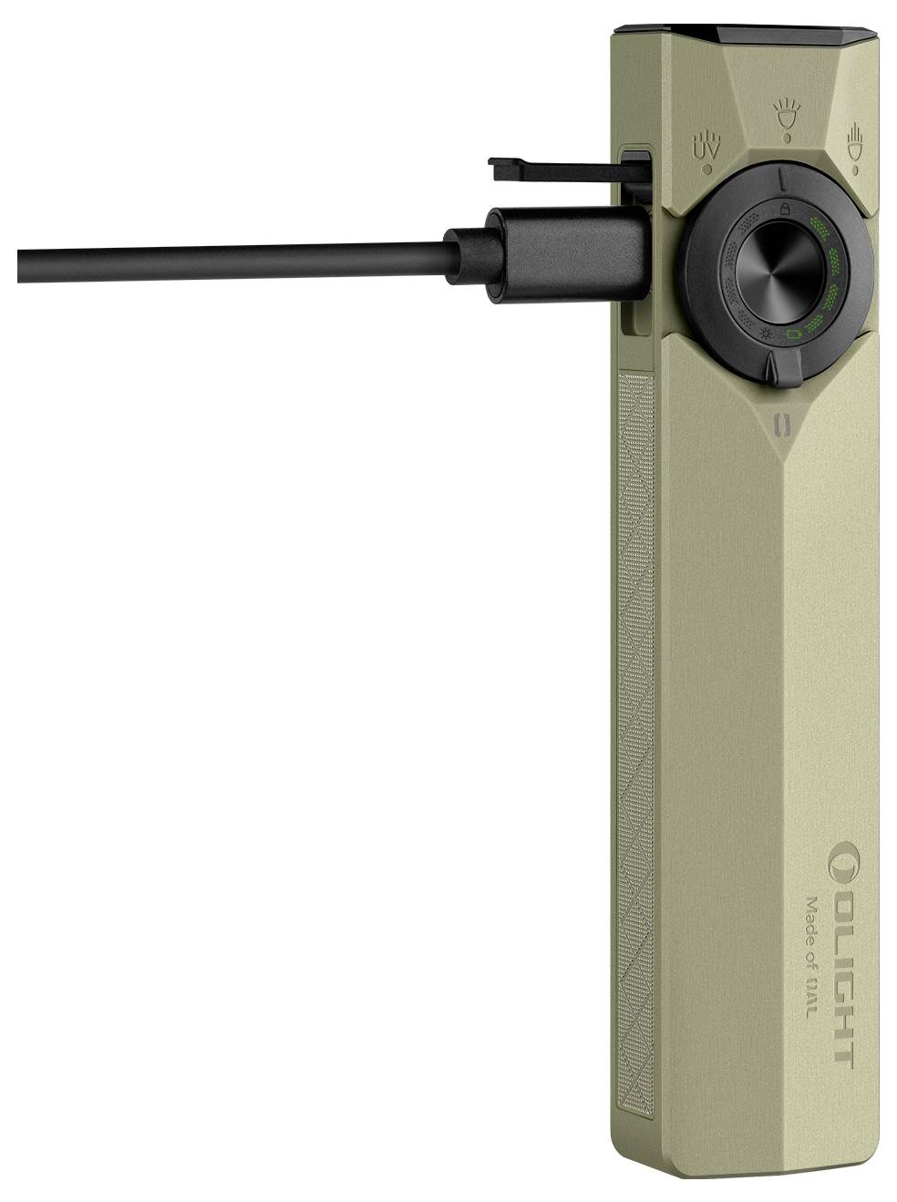 Ein olivgrünes rechteckiges Gerät mit der Bezeichnung „Olight", mit einem angebrachten Kabel, mit Steuertasten und Indikatoren auf der Oberfläche.