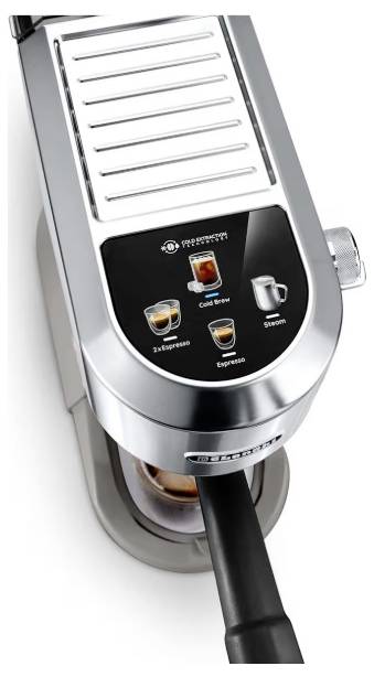 Kapsel-Kaffeemaschine mit Hebel, drei Tasten für 'Ristretto', 'Espresso', 'Cold Brew', und eine Milchaufschäumfunktion.