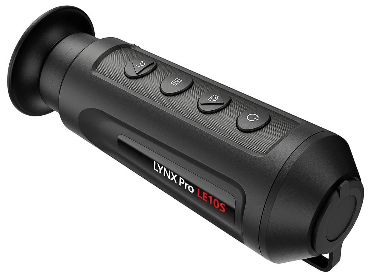 Tragbares Wärmebild-Monokular mit vier Tasten, die mit Symbolen beschriftet sind. Modellname „LYNX Pro LE10S" auf der Seite aufgedruckt.