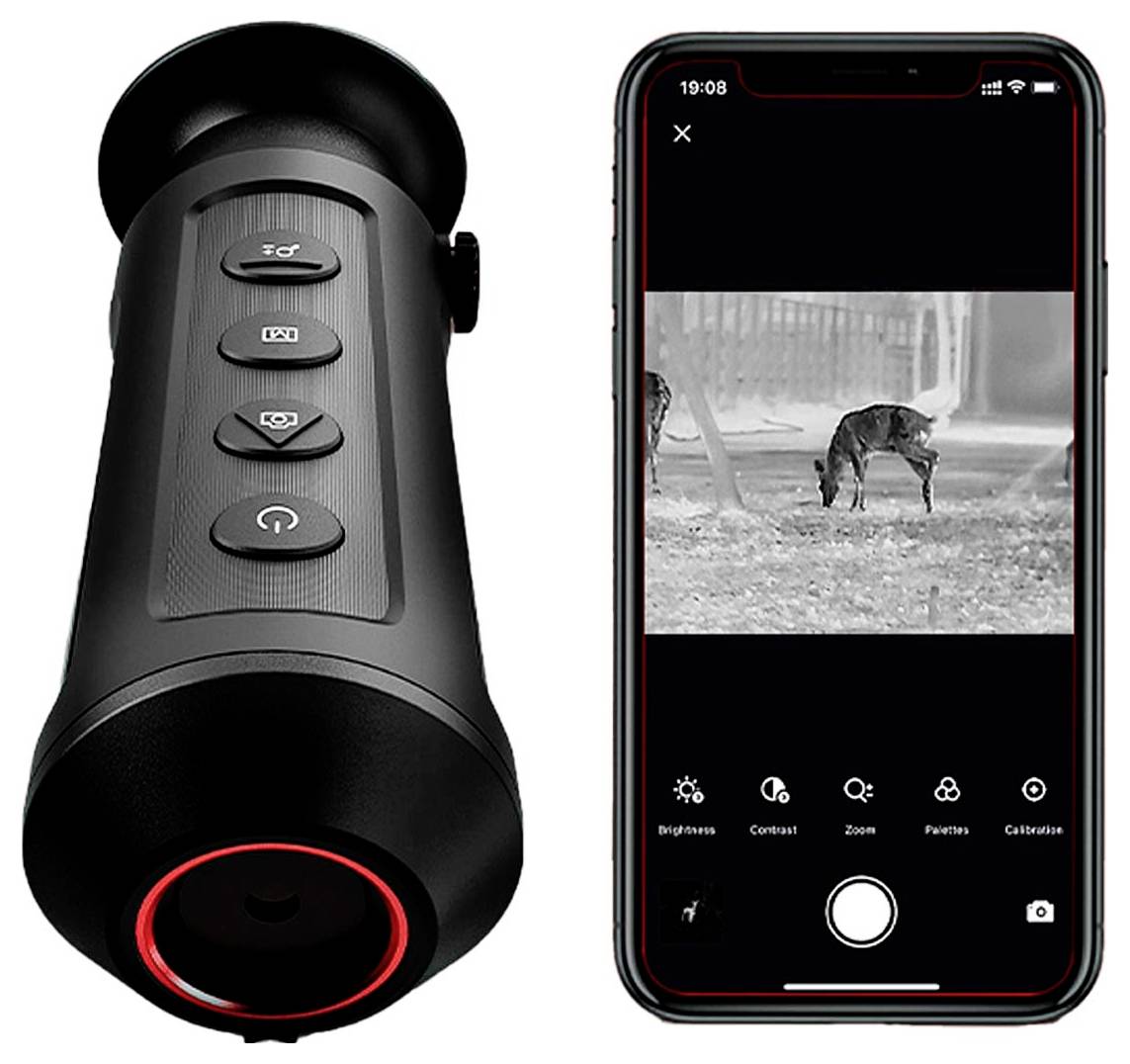 Ein tragbares Wärmekameragerät wird neben einem Smartphone gezeigt, auf dem ein Wärmebild eines Tieres angezeigt wird. Das Gerät ist schwarz und hat mehrere Tasten.