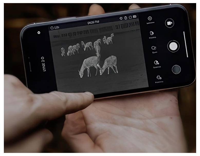 Die Hand einer Person hält ein Smartphone, das ein Wärmebild mehrerer Tiere, möglicherweise Rehe, in einer natürlichen Umgebung zeigt.
