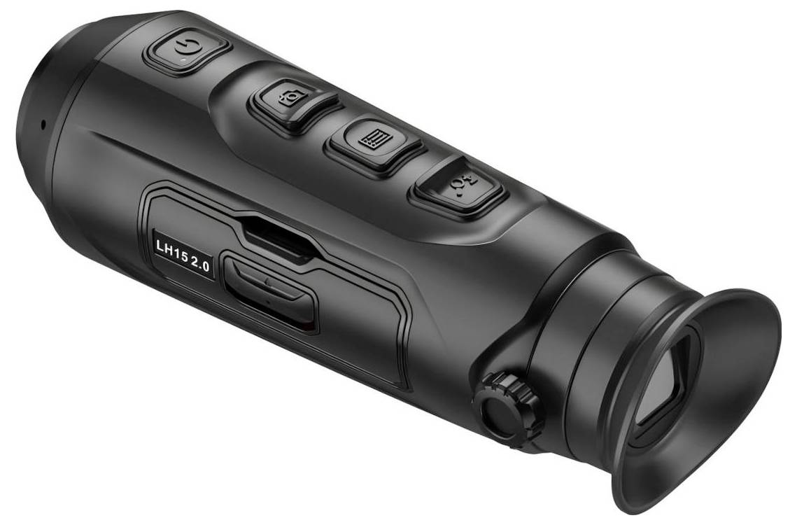 Ein schwarzes tragbares Wärmebild-Monokular mit mehreren Tasten auf der Oberseite und einem Okular. Der Modellname „LH15 2.0" ist auf der Seite sichtbar.
